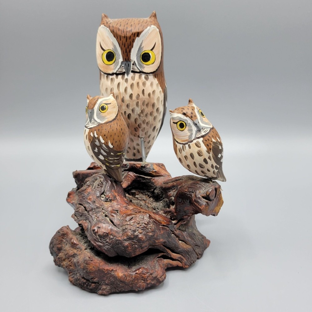 Vtg Hand Carved Painted Wood Owl Family Figurine Sculpture on Driftwood Folk Art